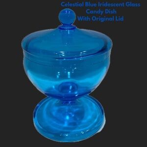 Celestial  Blue Iridescent Glass Candy Dish With Original Lid